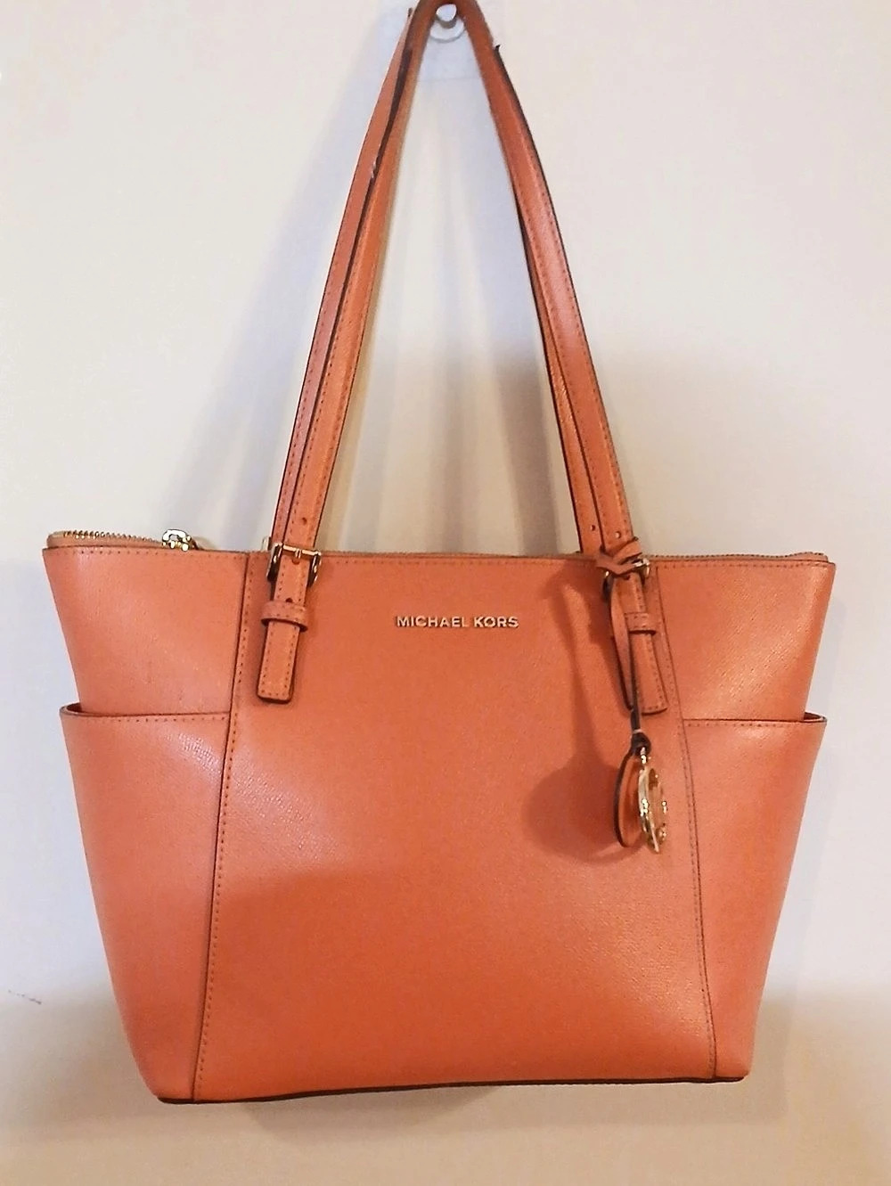 Michael Kors Jet Set Travel Medium Saffiano Leather Top-Zip Tote Coral
